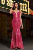 Superbe sirène bretelles spaghetti fuchsia paillettes corset robe de soirée