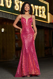 Superbe sirène bretelles spaghetti fuchsia paillettes corset robe de soirée