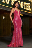 Superbe sirène bretelles spaghetti fuchsia paillettes corset robe de soirée