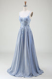 Glitter A-Line Spaghetti Bretelles Gris Bleu Robe de soirée