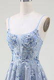 Glitter A-Line Spaghetti Bretelles Gris Bleu Robe de soirée