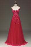 Spaghetti Bretelles A Line Robe de Soirée rouge avec Appliques