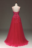 Spaghetti Bretelles A Line Robe de Soirée rouge avec Appliques
