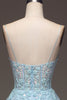 Charger l&#39;image dans la galerie, Une ligne bleu clair paillettes spaghetti bretelles robe de Soirée avec appliques