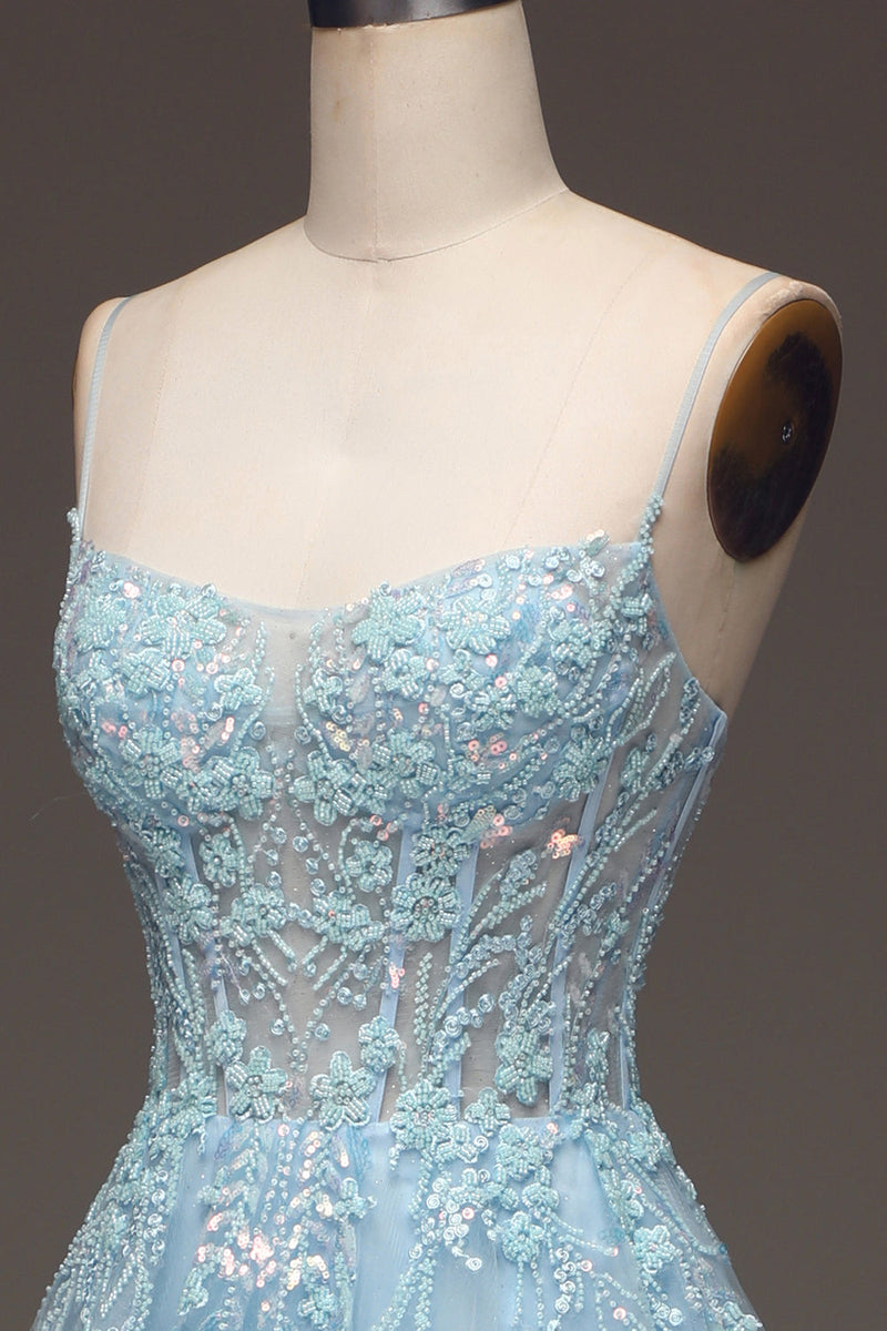 Charger l&#39;image dans la galerie, Une ligne bleu clair paillettes spaghetti bretelles robe de Soirée avec appliques