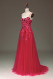 Spaghetti Bretelles A Line Robe de Soirée rouge avec Appliques