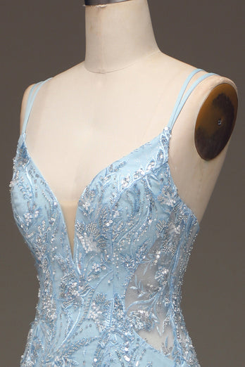 Robe de Soirée sirène en Tulle bleu avec perles