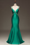 Robe de Soirée de sirène en satin à col en V profond vert avec dos à lacets