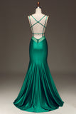 Robe de Soirée de sirène en satin à col en V profond vert avec dos à lacets