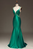 Robe de Soirée de sirène en satin à col en V profond vert avec dos à lacets