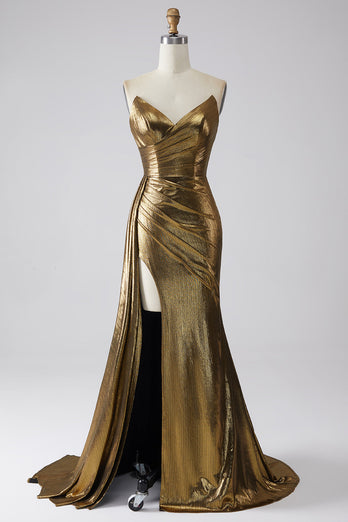 Sirène scintillante dorée métallisée longue robe de soirée avec fente