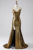 Robe de bal longue dorée sirène scintillante avec fente
