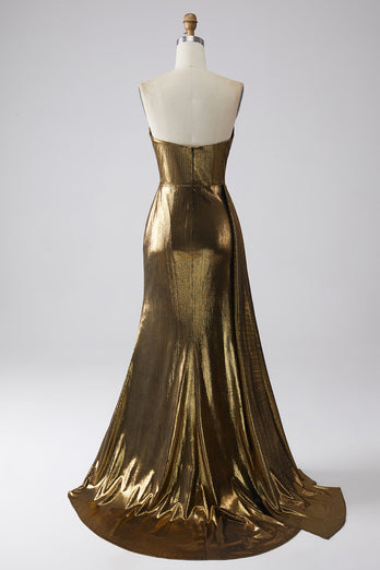 Sirène scintillante dorée métallisée longue robe de soirée avec fente