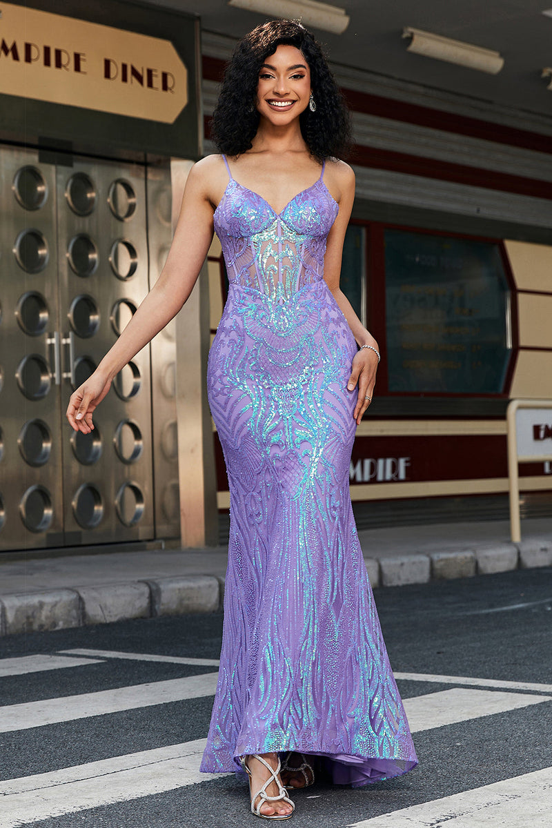Charger l&#39;image dans la galerie, Élégante sirène bretelles spaghetti paillettes violettes corset robe de soirée