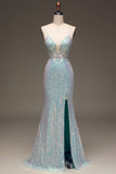 Robe de Soirée bleu gris sirène scintillante avec fente