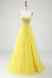 Robe de bal Corset jaune perlé en tulle avec fente