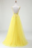 Robe de bal Corset jaune perlé en tulle avec fente