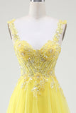 Robe de bal Corset jaune perlé en tulle avec fente