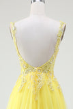 Robe de bal Corset jaune perlé en tulle avec fente
