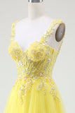 Robe de bal Corset jaune perlé en tulle avec fente