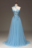 Robe de Soirée bleu clair à paillettes à une épaule avec appliques