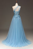 Robe de Soirée bleu clair à paillettes à une épaule avec appliques