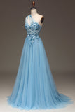 Robe de Soirée bleu clair à paillettes à une épaule avec appliques