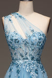 Robe de Soirée bleu clair à paillettes à une épaule avec appliques