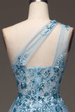 Robe de Soirée bleu clair à paillettes à une épaule avec appliques