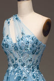 Robe de Soirée bleu clair à paillettes à une épaule avec appliques