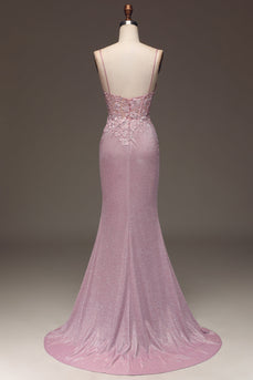 Glitter Blush sirène bretelles spaghetti longue robe de soirée avec perles