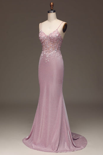 Glitter Blush sirène bretelles spaghetti longue robe de soirée avec perles