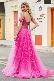 A-ligne Cold Shoudler brillant rose chaud Corset robe de soirée avec perles