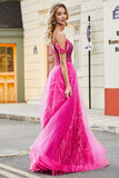 A-ligne Cold Shoudler brillant rose chaud Corset robe de soirée avec perles