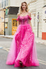 Charger l&#39;image dans la galerie, A-ligne Cold Shoudler brillant rose chaud Corset robe de soirée avec perles