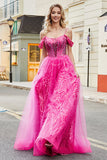 A-ligne Cold Shoudler brillant rose chaud Corset robe de soirée avec perles