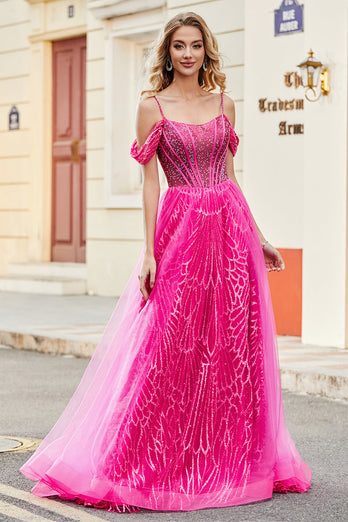 A-ligne Cold Shoudler brillant rose chaud Corset robe de soirée avec perles