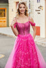 Charger l&#39;image dans la galerie, A-ligne Cold Shoudler brillant rose chaud Corset robe de soirée avec perles