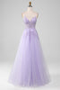 Charger l&#39;image dans la galerie, Brillant violet clair A-ligne Spaghetti bretelles longue robe de soirée avec perles