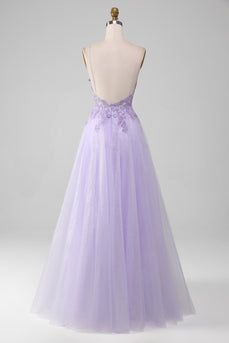 Brillant violet clair A-ligne Spaghetti bretelles longue robe de soirée avec perles