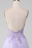 Charger l&#39;image dans la galerie, Brillant violet clair A-ligne Spaghetti bretelles longue robe de soirée avec perles