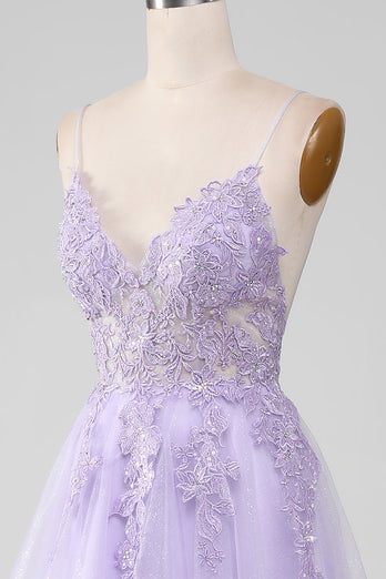 Brillant violet clair A-ligne Spaghetti bretelles longue robe de soirée avec perles