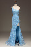 Robe de soirée bleu clair sirène à une épaule fendue latérale à paillettes avec appliques