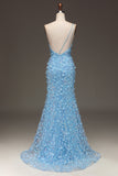 Robe de soirée bleu clair sirène à une épaule fendue latérale à paillettes avec appliques