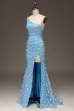 Robe de soirée bleu clair sirène à une épaule fendue latérale à paillettes avec appliques