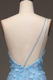 Robe de soirée bleu clair sirène à une épaule fendue latérale à paillettes avec appliques