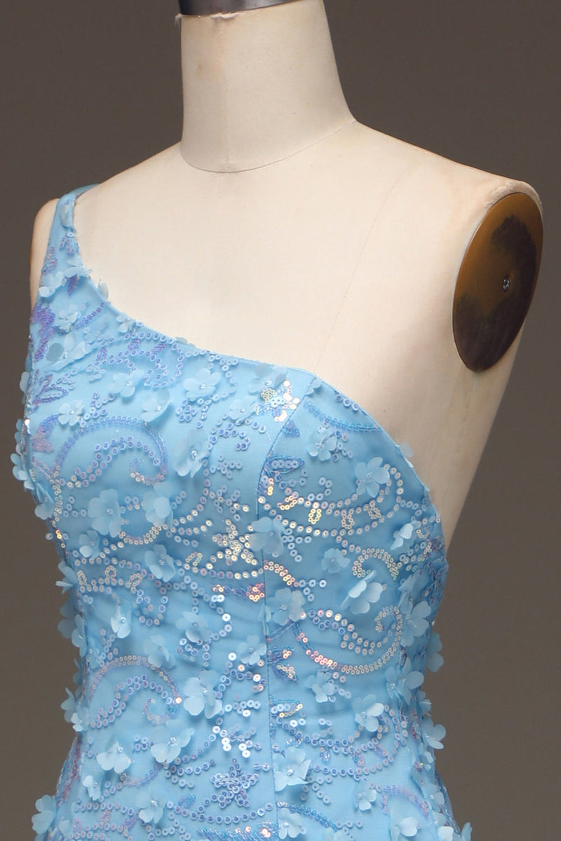 Charger l&#39;image dans la galerie, Robe de soirée bleu clair sirène à une épaule fendue latérale à paillettes avec appliques