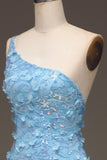 Robe de soirée bleu clair sirène à une épaule fendue latérale à paillettes avec appliques