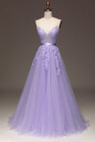 Violet A-ligne Spaghetti bretelles longue perlé et Tulle robe de Soirée avec Appliques