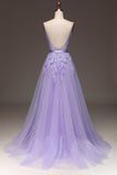 Violet A-ligne Spaghetti bretelles longue perlé et Tulle robe de Soirée avec Appliques